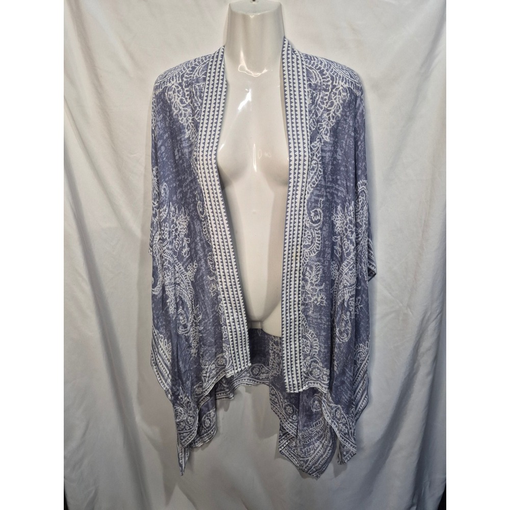 J. Jill Blue White Paisley Print Kimono Wrap One Size Viscose Rayon Cardigan